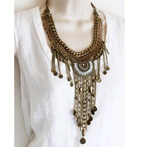 Chain Bib Necklace Boho Fringe Gold Tone Tribal Statement Jewelry 17" Festival